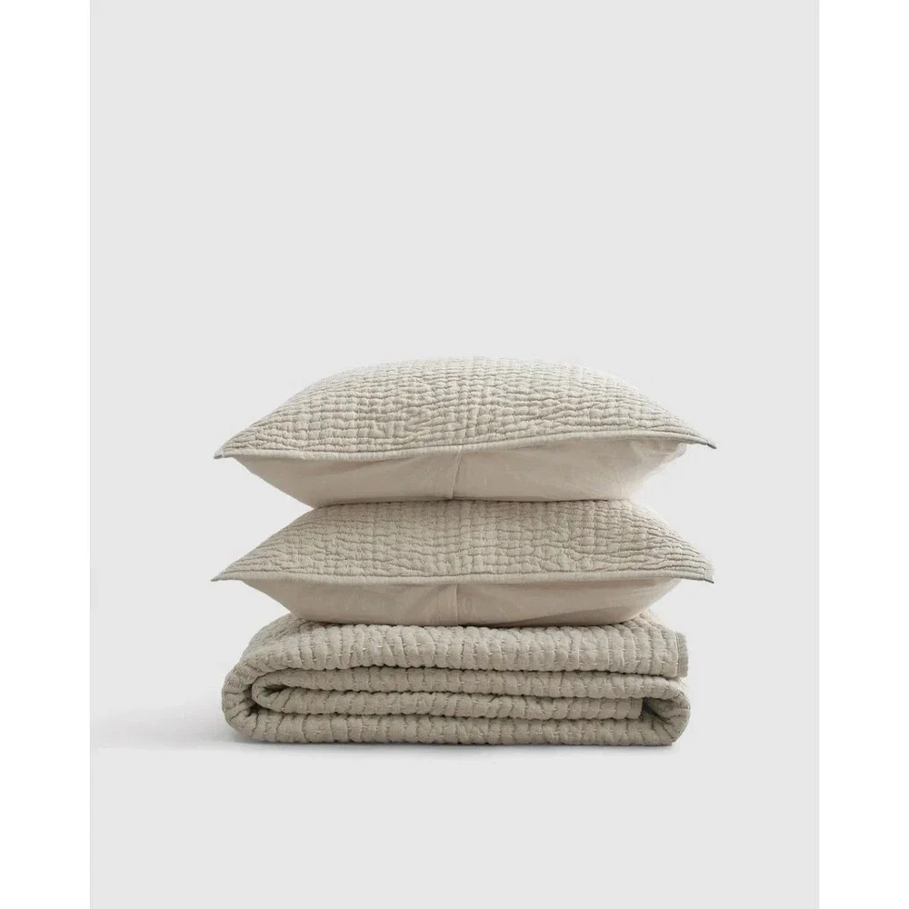 NWT QUINCE EUROPEAN LINEN COTTON STITCH QUILT SET FULL / QUEEN IN NATURAL OOS